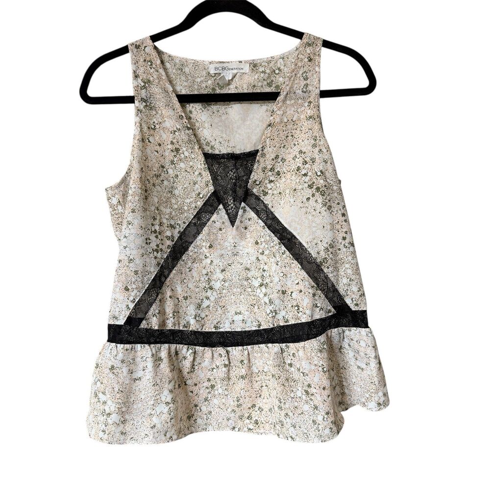 BCBGeneration Peplum Top Women Small Beige Floral Lace Trim V-Neck Sleeveless